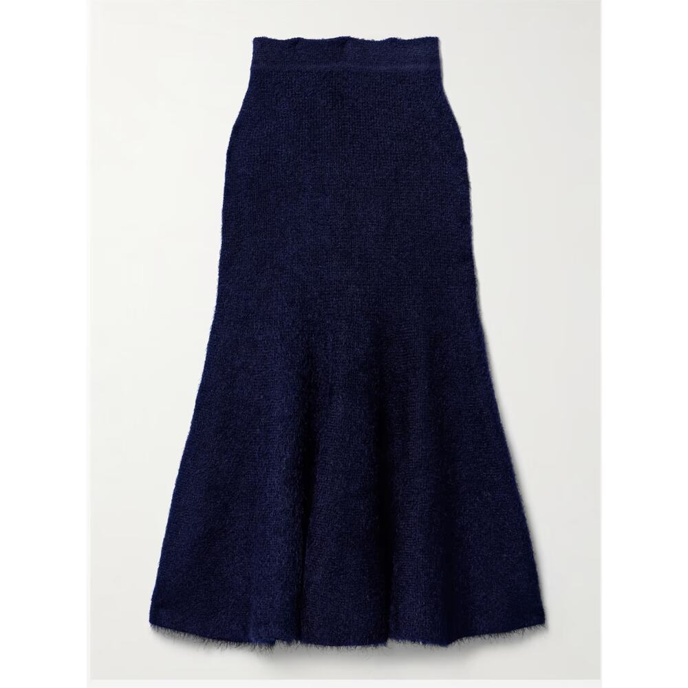$2400 Khaite Cashmere Silk Cadence Navy Tweed Midi Skirt S Small Blue Fuzzy